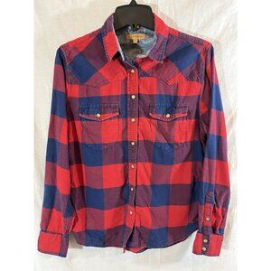 Jachs Girlfriend Women's Small Blue Red Purple Plaid Long Sleeve Cotton Top